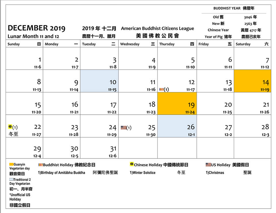 December 2019. The 14 and 19 are Guanyin Vegan Days. The 10 and 26 are 2 Day Vegan Days. The 12 is a Buddhist holiday - the birthday of Amitabha Buddha.  The 22 is the winter solstice.  The 25 is Christmas.